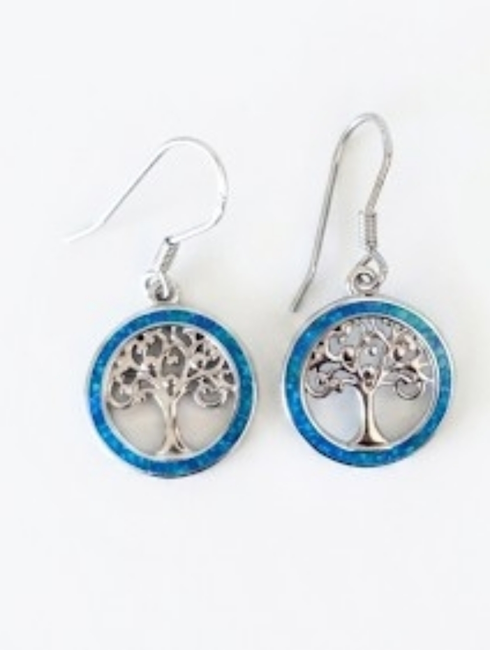 Sterling Silver Blue Lab-Opal Tree of Life Dangle Earrings